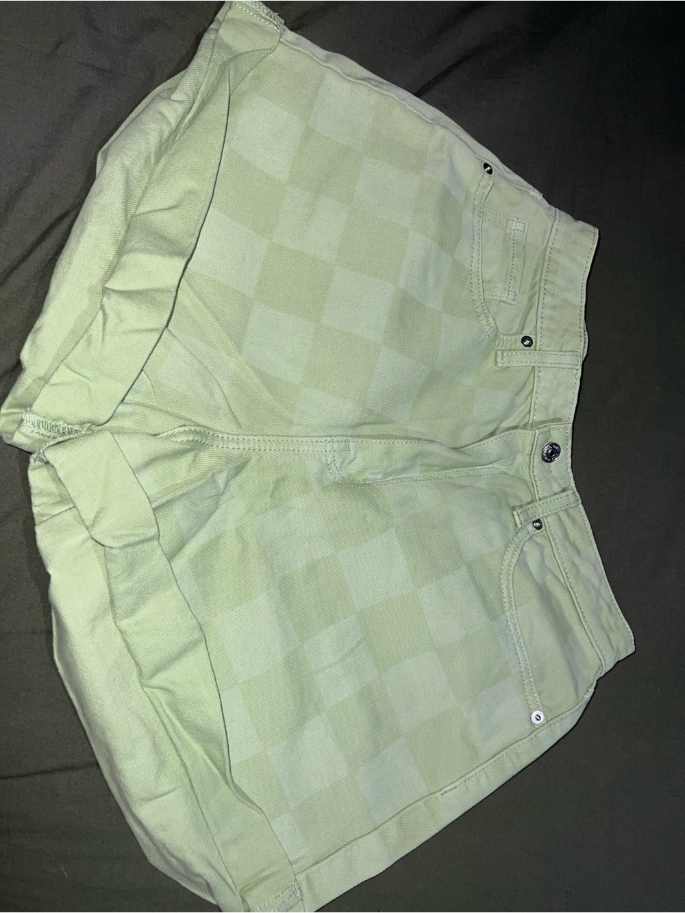 Light Green Checkered Denim Shorts